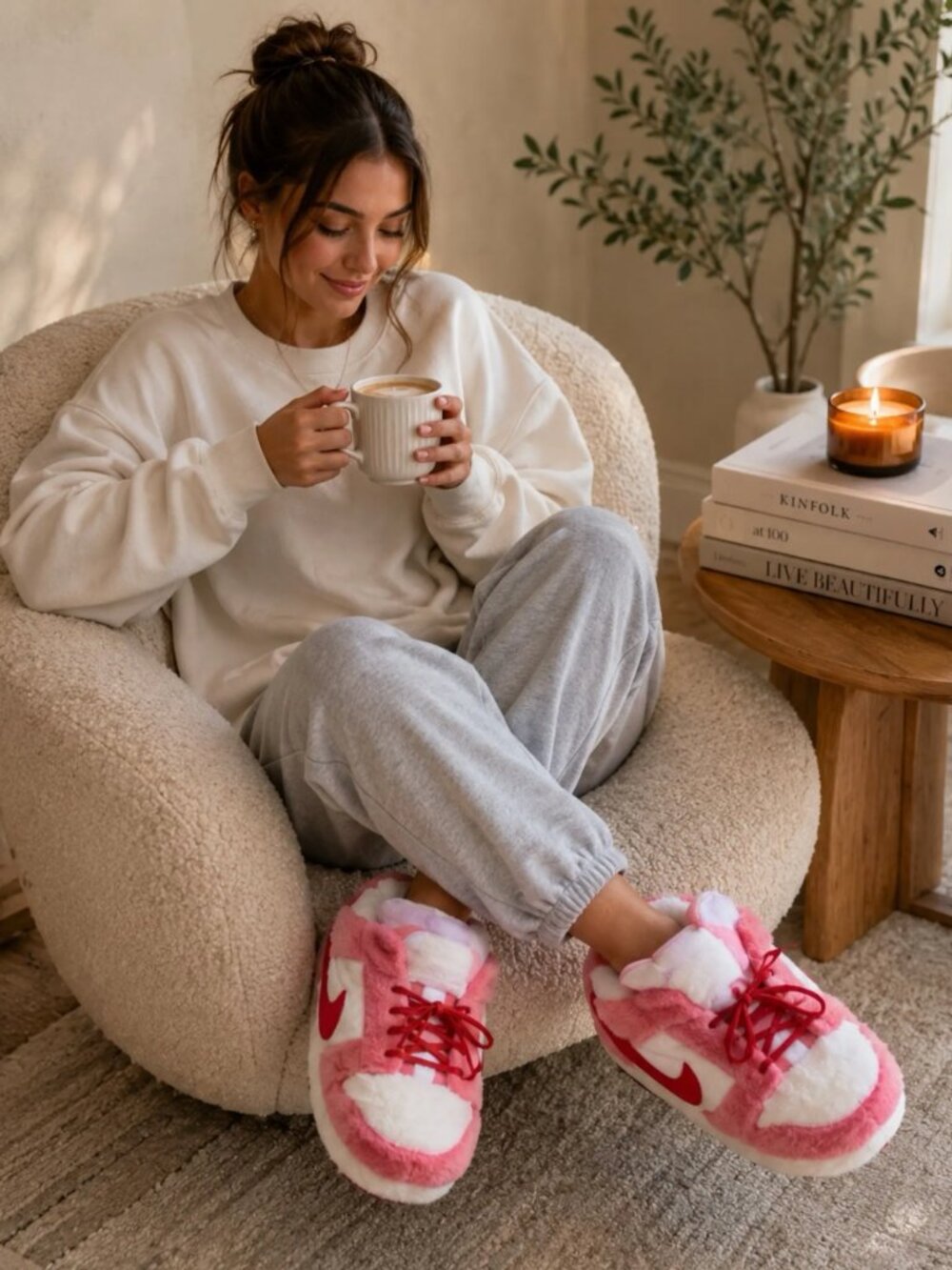 Nike Pink White Dunks Retro Plush Sneaker Slippers Women's Oversized Size 6-10